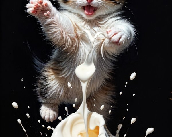 Playful kitten leaps from cup, splashing milk droplets