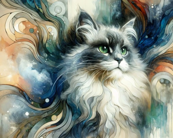 Majestic Cat with Flowing Mane and Abstract Colors