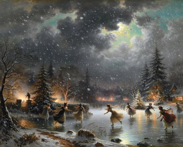 Romantic Winter Nighttime Outdoor Scene in Oil Painting