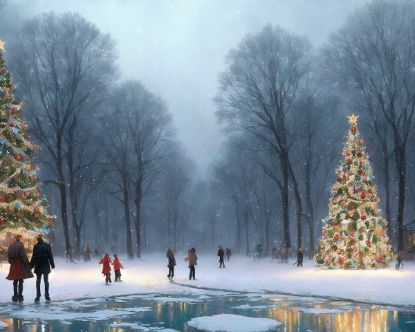 Winter Landscape with Decorated Christmas Trees