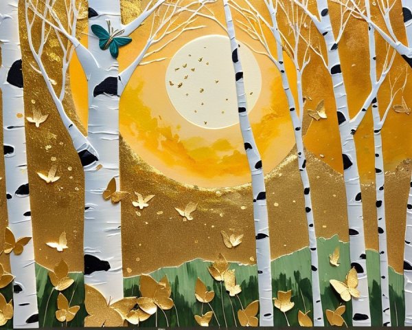 Serene landscape with birch trees and golden sky
