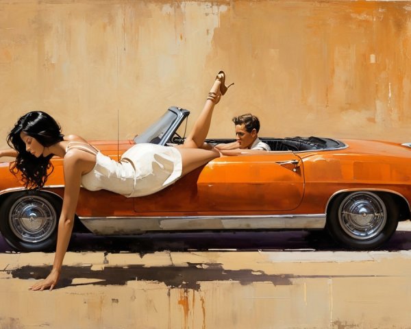 Retro Scene with Orange Convertible and Stylish Figures