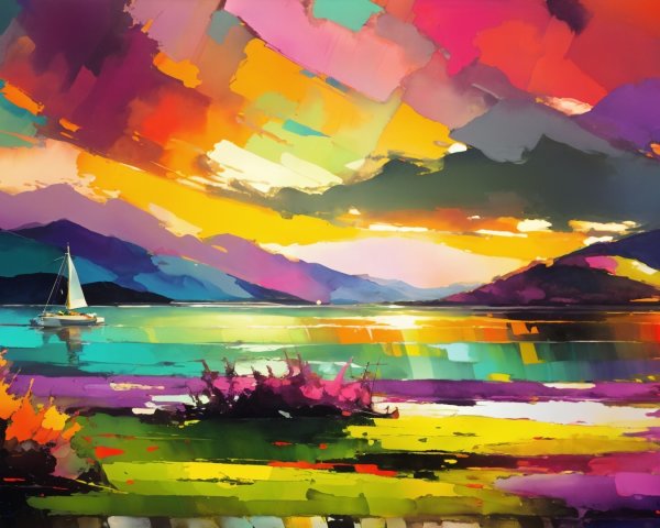 Vibrant Seascape Painting at Sunset with Sailboat