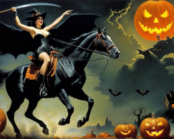 Witch on Black Horse in Moonlit Halloween Scene