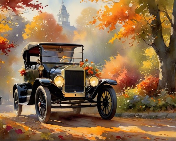 Vintage Car on Autumn Road with Colorful Foliage