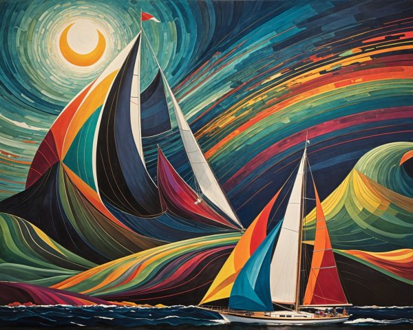 Vibrant Seascape with Sailboats and Colorful Waves