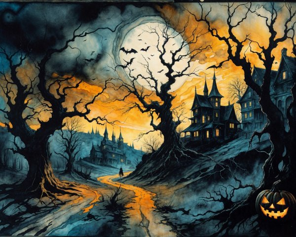 Spooky Halloween Landscape with Twisted Trees and Moon