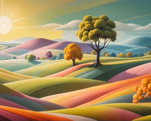 Vibrant Landscape with Rolling Hills and Silhouetted Trees