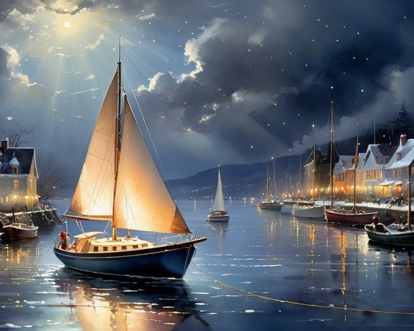 Winter Harbor Scene at Night with Sailboat and Stars