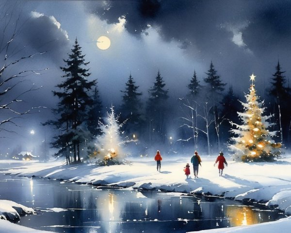 Winter Scene of Family Walking by a Snowy River