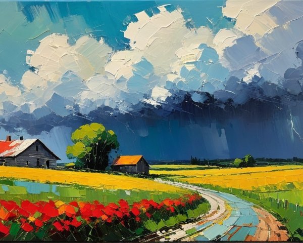 Vibrant Landscape with Winding Road and Flower Fields