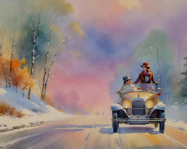 Vintage car couple in snowy landscape watercolor painting