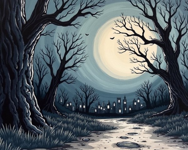 Moonlit Landscape with Gnarled Trees and Ghostly Town