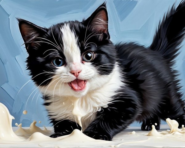 Playful Black-and-White Kitten on Cream-Splattered Surface