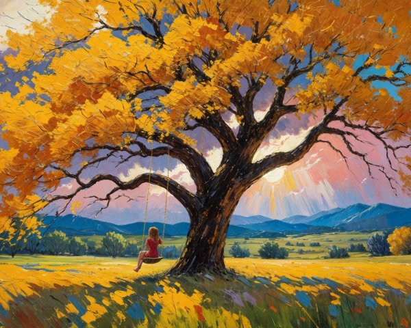 Golden-leaved tree in a blooming flower field