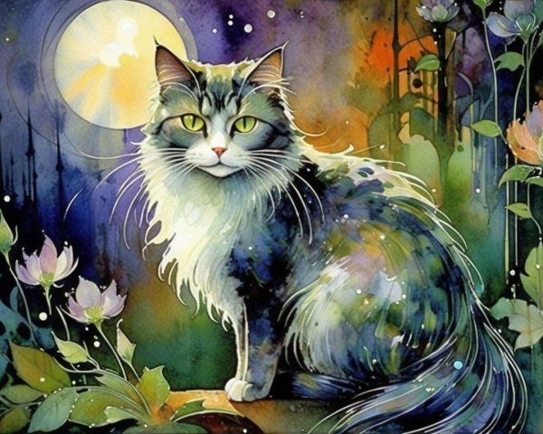 Watercolor Painting of a Majestic Cat in Flowers