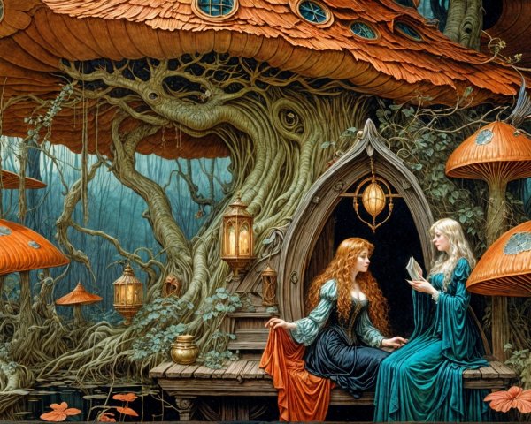 Ethereal Women by Mushroom House in Mystical Forest