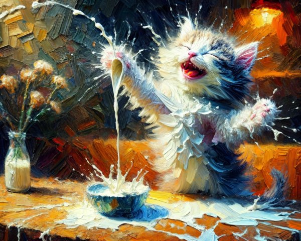 Cheerful kitten splashing milk on rustic table