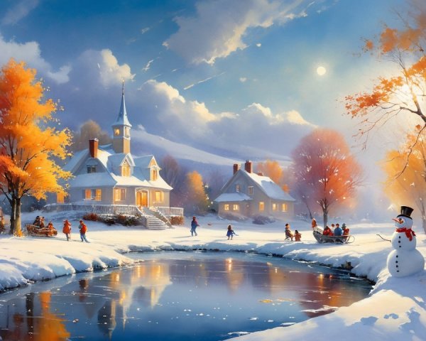 Winter Village Scene with Snow and Festive Activities