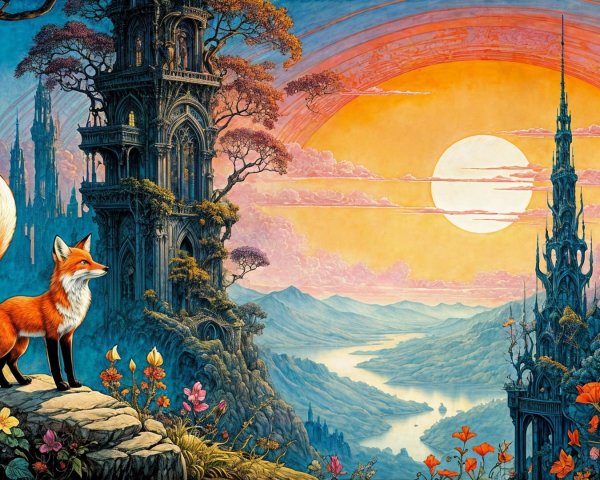 Majestic fox in vibrant fantasy sunset landscape