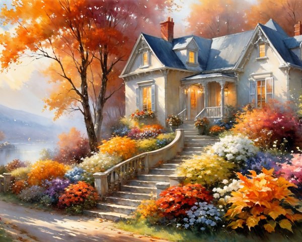 Cozy House Amidst Vibrant Autumn Foliage and Lake