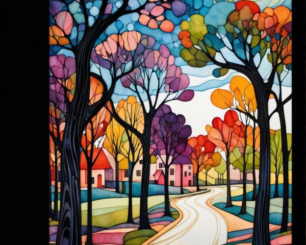 Vibrant Landscape with Winding Road and Colorful Trees