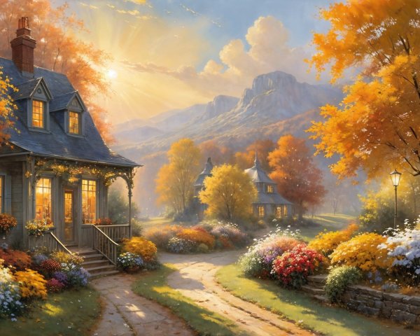 Autumn Landscape with Cottages and Vibrant Foliage