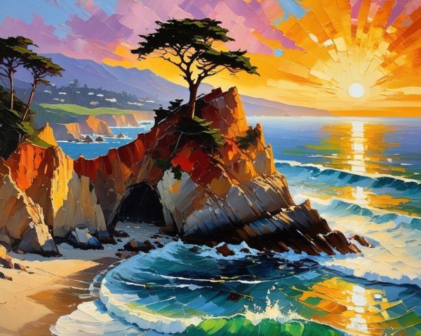 Vibrant Sunset Over Calm Ocean and Rugged Landscape