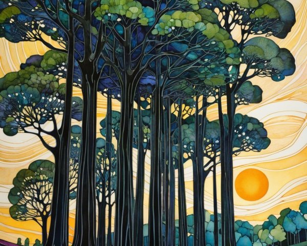Vibrant Stylized Landscape with Golden Sunset Hues