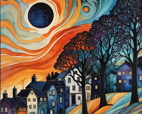 Abstract Landscape with Whimsical Houses and Sky