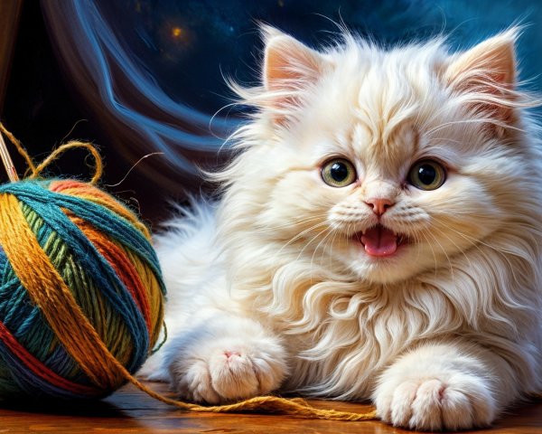 Fluffy Light-Colored Kitten with Yarn on Wooden Surface