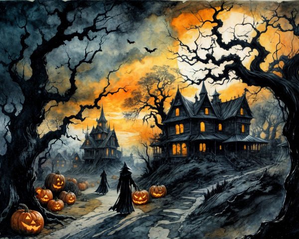 Witches Walking on a Path with Halloween Atmosphere
