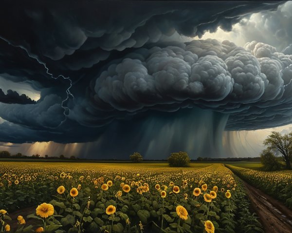Dramatic Landscape of Sunflowers and Storm Clouds