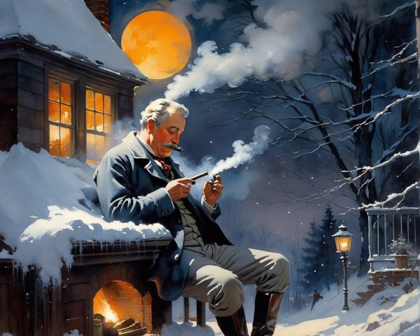 A man in winter attire sits on a snowy bench at night
