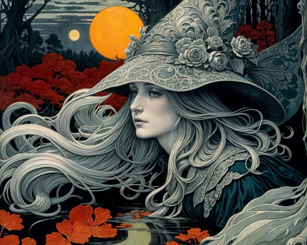 Serene witch by reflective pool in mystical sunset scene