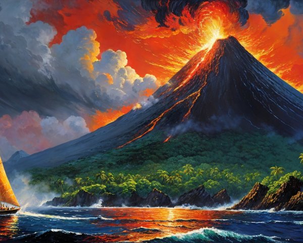 Majestic Volcano Eruption with Sailboat and Cliffs