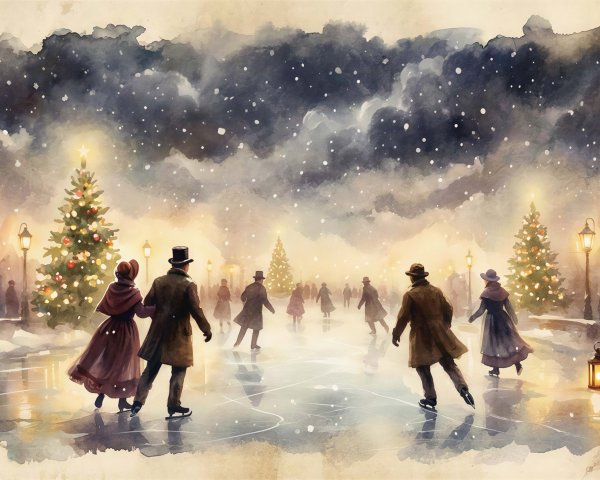 Victorian-era Ice Skating Scene in Watercolor Style