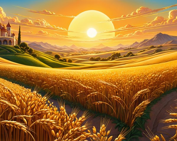 Golden Wheat Field and Sunset Landscape with Church