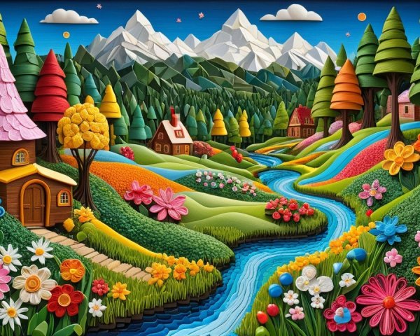 Vibrant Landscape with Hills, Flowers, and River