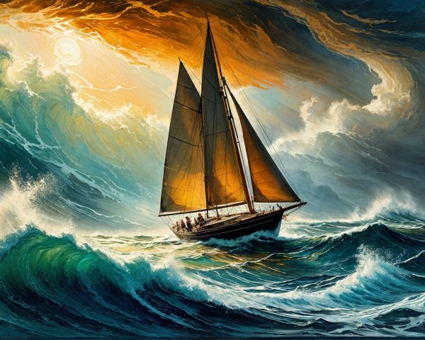 Sailing Ship Navigating Stormy Ocean Waves