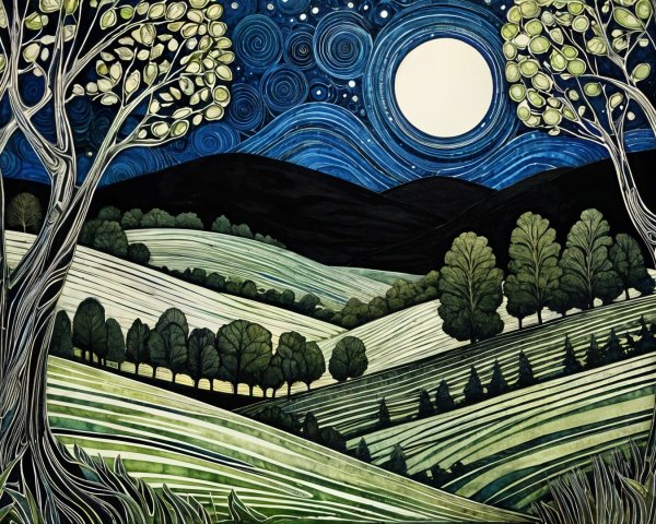 Serene Night Landscape with Rolling Hills and Moonlight