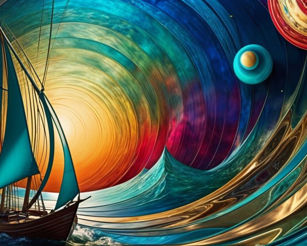 Surreal Sailing Boat in Colorful Ocean Scene