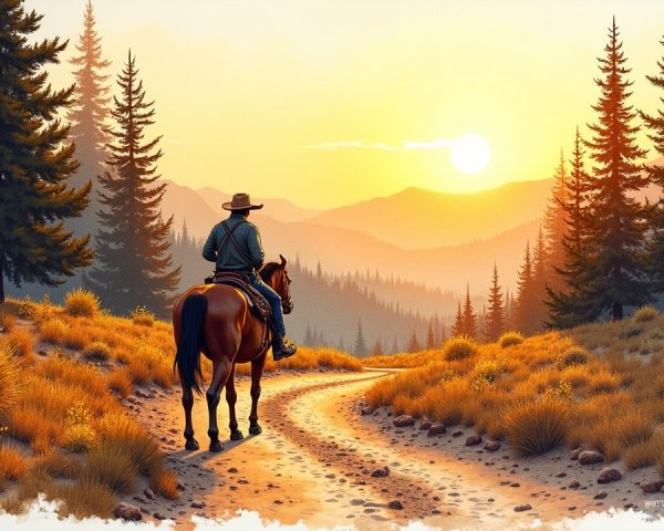 Rider on Horseback in Golden Sunset Landscape