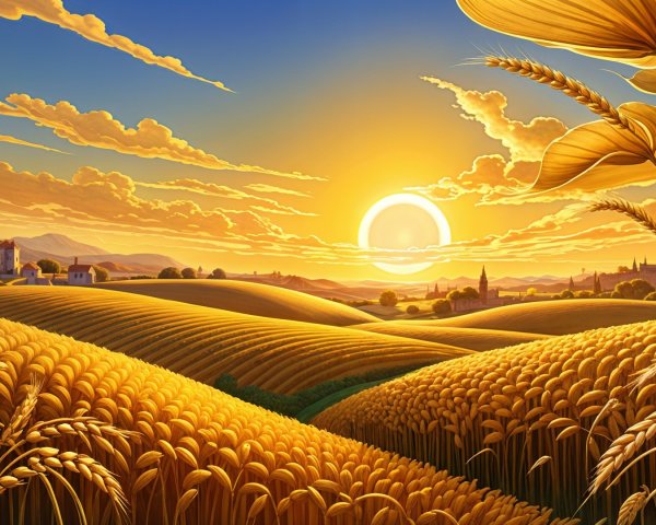 Golden Wheat Fields at Sunset with Quaint Village