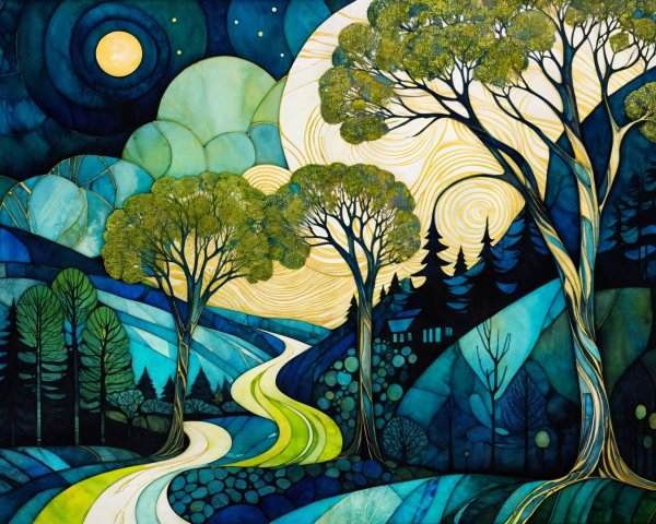 Vibrant Stylized Landscape with River and Moonlit Sky