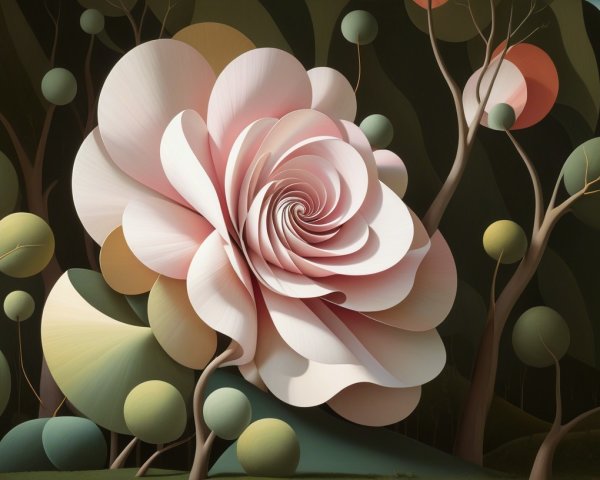 Stylized Rose in Whimsical Landscape with Abstract Trees
