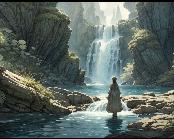 Tranquil Waterfall Scene in Lush Landscape