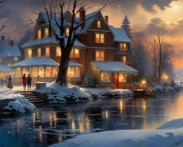 Snowy Village Scene at Twilight with Warm Lights