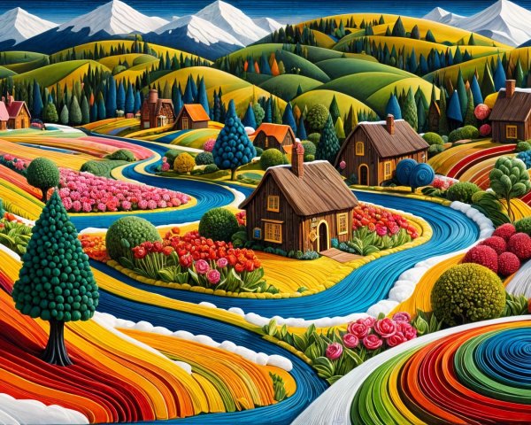 Vibrant Whimsical Landscape with Rolling Hills and Cottages