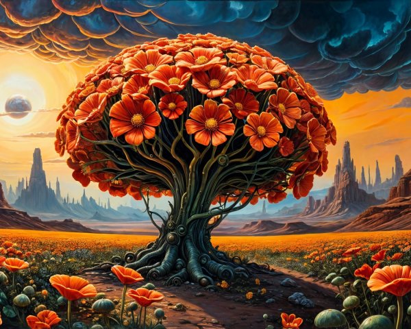 Vibrant landscape with orange flowering tree and blossoms
